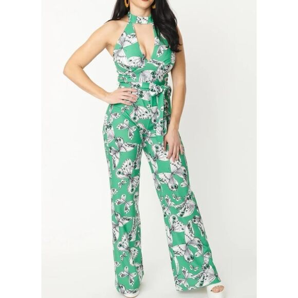 Smak Parlour Green Butterfly Print Glamour Goddess Jumpsuit - Picture 1 of 12